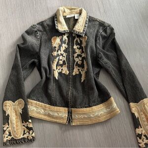 NEWPORT NEWS Embroidered Black Denim Jacket with Cream Appliqué Y2K VTG